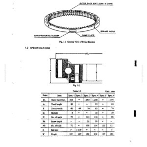 Puede incluir: Un diagrama t&eacute;cnico de un rodamiento de giro, que incluye una vista 3D con una zona blanda de la pista exterior, engrasador y placa de identificaci&oacute;n. Presenta una vista de secci&oacute;n transversal y una tabla de especificaciones en mm y pulgadas.