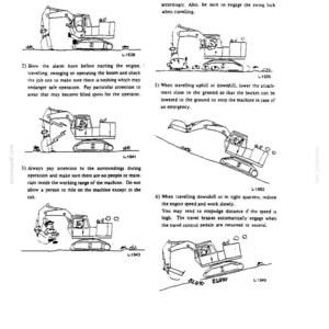 May include: A technical document page titled 2. SAFETY PRECAUTIONS featuring six black and white line drawings of an excavator. Each illustration depicts operational safety procedures, including hand rail use, horn warnings, and travel speed control.