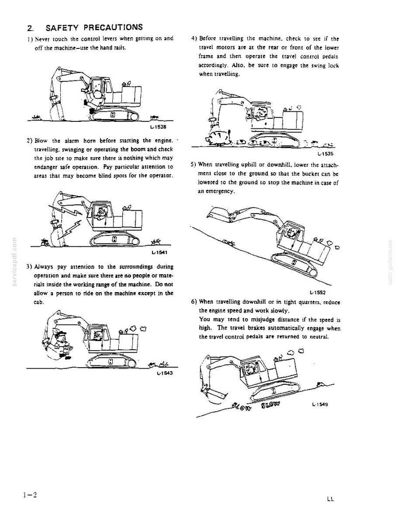 May include: A technical document page titled 2. SAFETY PRECAUTIONS featuring six black and white line drawings of an excavator. Each illustration depicts operational safety procedures, including hand rail use, horn warnings, and travel speed control.
