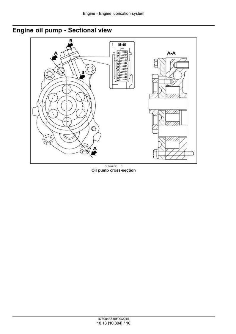 May include: Diagram of an engine oil pump, sectional view, with labels A, B, and B-B. The diagram includes a cross-section view labeled A-A and the text "Oil pump cross-section."