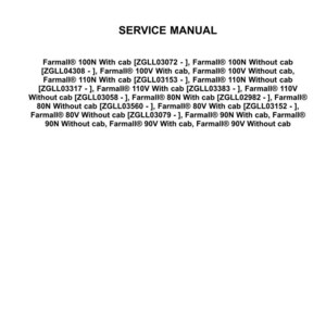 May include: A white page with the Case IH Agriculture logo at the top, followed by the words "SERVICE MANUAL." Below, a list of Farmall tractor models with cab and without cab options is displayed.