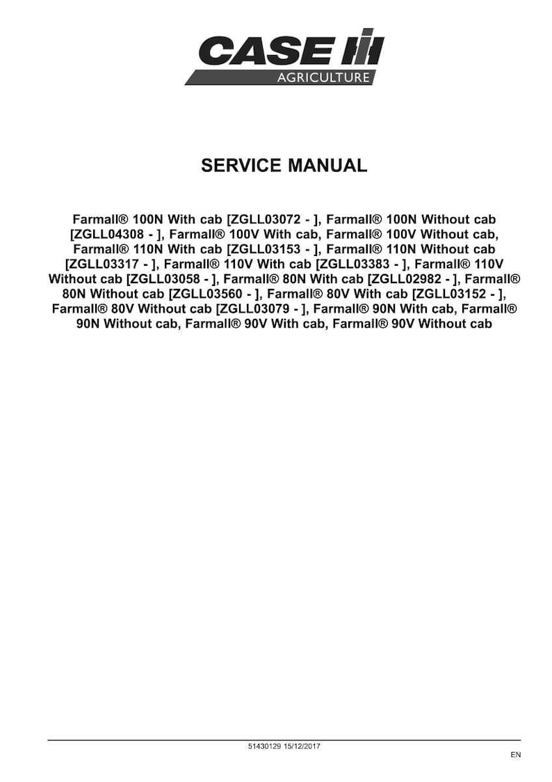 May include: A white page with the Case IH Agriculture logo at the top, followed by the words "SERVICE MANUAL." Below, a list of Farmall tractor models with cab and without cab options is displayed.