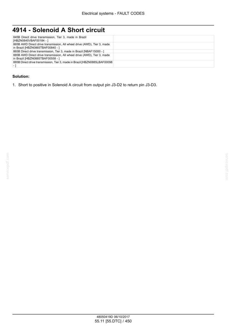May include: A technical document titled "Electrical systems - FAULT CODES" with the fault code "4914 - Solenoid A Short circuit." The document includes details about direct drive transmissions and AWD, along with a solution for the short circuit.