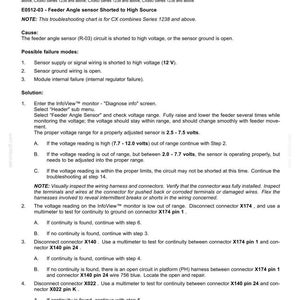 May include: Troubleshooting chart for a feeder angle sensor shorted to high source. The document provides instructions for diagnosing and resolving issues related to the sensor, including voltage checks and connector inspections. Includes voltage ranges in volts.