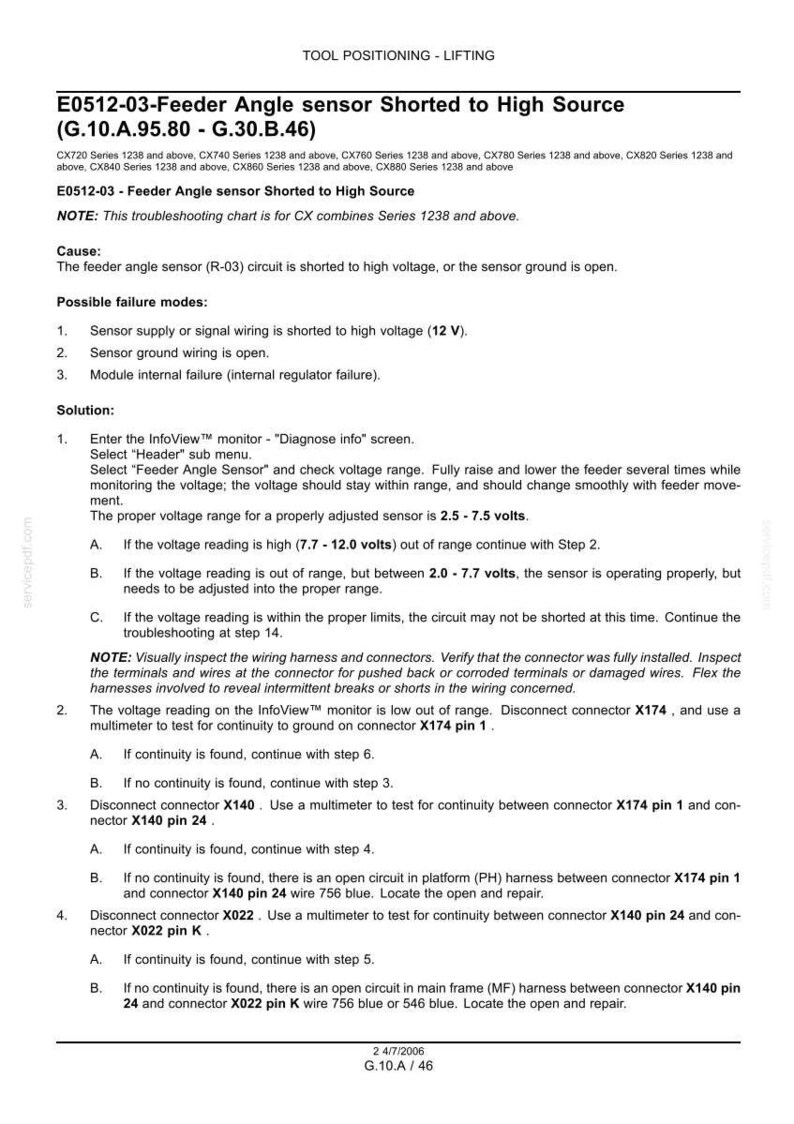 May include: Troubleshooting chart for a feeder angle sensor shorted to high source. The document provides instructions for diagnosing and resolving issues related to the sensor, including voltage checks and connector inspections. Includes voltage ranges in volts.