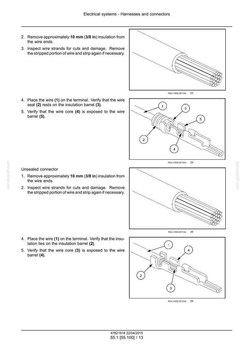 Puede incluir: Diagramas que ilustran sistemas el&eacute;ctricos, arneses y conectores. Incluye instrucciones para quitar el aislamiento, inspeccionar los hilos y colocar los cables en los terminales. Medidas en mil&iacute;metros.