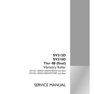 May include: A white service manual with grey accents. The text includes "SV212D SV216D Tier 4B (final) Vibratory Roller" and "SERVICE MANUAL". The Case Construction logo is in the lower right corner.