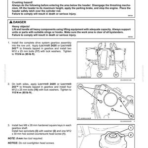 May include: Diagram of a gearbox assembly installation, with detailed instructions and illustrations. Includes warnings about crushing hazards and heavy objects. Features bolt sizes in millimeters and torque specifications in foot-pounds.