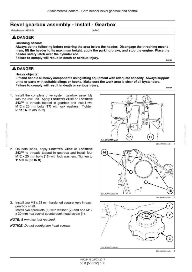 May include: Diagram of a gearbox assembly installation, with detailed instructions and illustrations. Includes warnings about crushing hazards and heavy objects. Features bolt sizes in millimeters and torque specifications in foot-pounds.