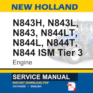 May include: A service manual for New Holland tractors. The image features the text "NEW HOLLAND" in yellow, followed by tractor model numbers. A blue tractor is visible on the right. The bottom section reads "SERVICE MANUAL" and "INSTANT DOWNLOAD PDF".