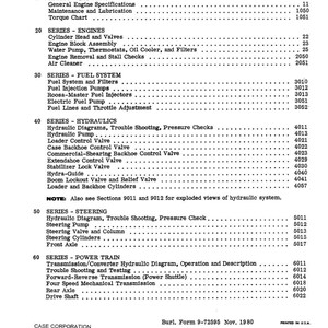 May include: A black and white printed table of contents from a Case Corporation manual. The document lists various sections including engines, fuel systems, hydraulics, steering, and power train, with corresponding section numbers.