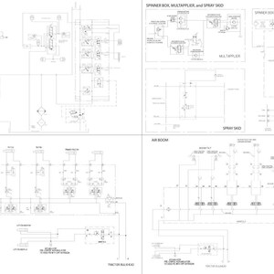 May include: A detailed schematic diagram of a Guardian Sprayer hydraulic system, labeled with various components and text. The diagram includes sections for the SP300C Combo Machine, Mono Boom, Air Boom, and Spinner Box.