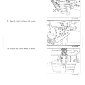 May include: Diagram of track and track suspension components. The image shows detailed illustrations of track parts, including bolts, master link shoes, and the rear section of the track. Text instructions accompany the diagrams.