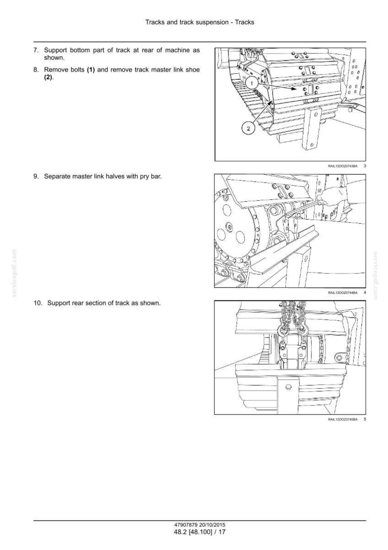 May include: Diagram of track and track suspension components. The image shows detailed illustrations of track parts, including bolts, master link shoes, and the rear section of the track. Text instructions accompany the diagrams.
