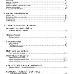 May include: A page from a manual titled "Contents". The table of contents lists sections including General Information, Safety Information, Controls and Instruments, Cab Controls, and Loader Attachment Controls.