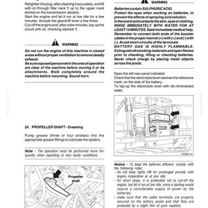 Puede incluir: P&aacute;gina de un manual con instrucciones para el mantenimiento de la m&aacute;quina. Incluye secciones sobre el rellenado de aceite, la comprobaci&oacute;n de la bater&iacute;a y el engrase del eje de la h&eacute;lice. Tambi&eacute;n se incluyen advertencias de seguridad.