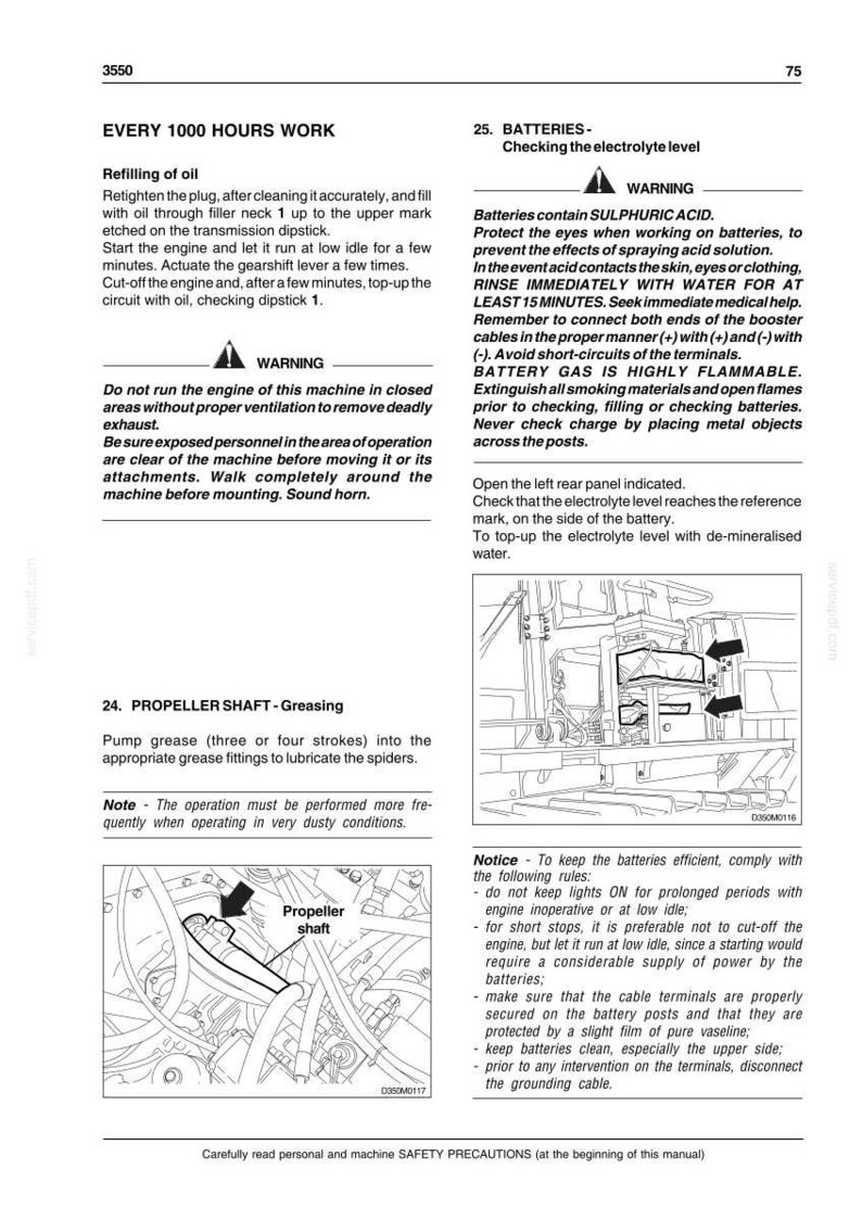 Puede incluir: P&aacute;gina de un manual con instrucciones para el mantenimiento de la m&aacute;quina. Incluye secciones sobre el rellenado de aceite, la comprobaci&oacute;n de la bater&iacute;a y el engrase del eje de la h&eacute;lice. Tambi&eacute;n se incluyen advertencias de seguridad.