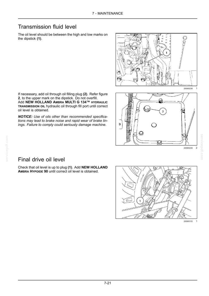 K&ouml;nnte beinhalten: Eine Seite aus einem technischen Handbuch mit dem Titel 7-MAINTENANCE, die Getriebe- und Endantriebs&ouml;lst&auml;nde beschreibt. Sie enth&auml;lt schwarz-wei&szlig;e Strichzeichnungen von Maschinenkomponenten, Messst&auml;ben und Einf&uuml;llstopfen mit Nummern.