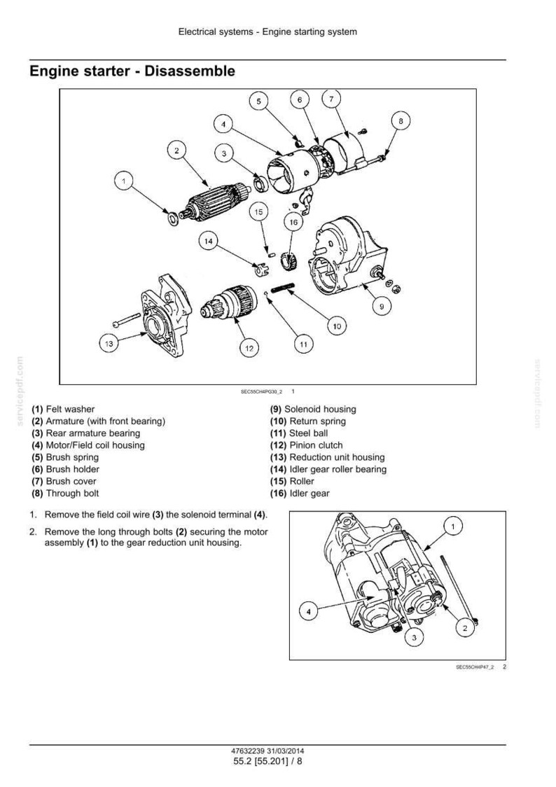 May include: Diagram of an engine starter disassembled, with labeled parts including armature, brush holder, and solenoid housing. The image is a technical illustration for automotive repair and maintenance.