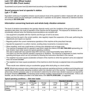 May include: A technical document page titled 2-SAFETY INFORMATION detailing airborne noise emission levels for wheel and track loaders, operator station sound pressure, and hand-arm and whole body vibration emission data for skid steer loaders.