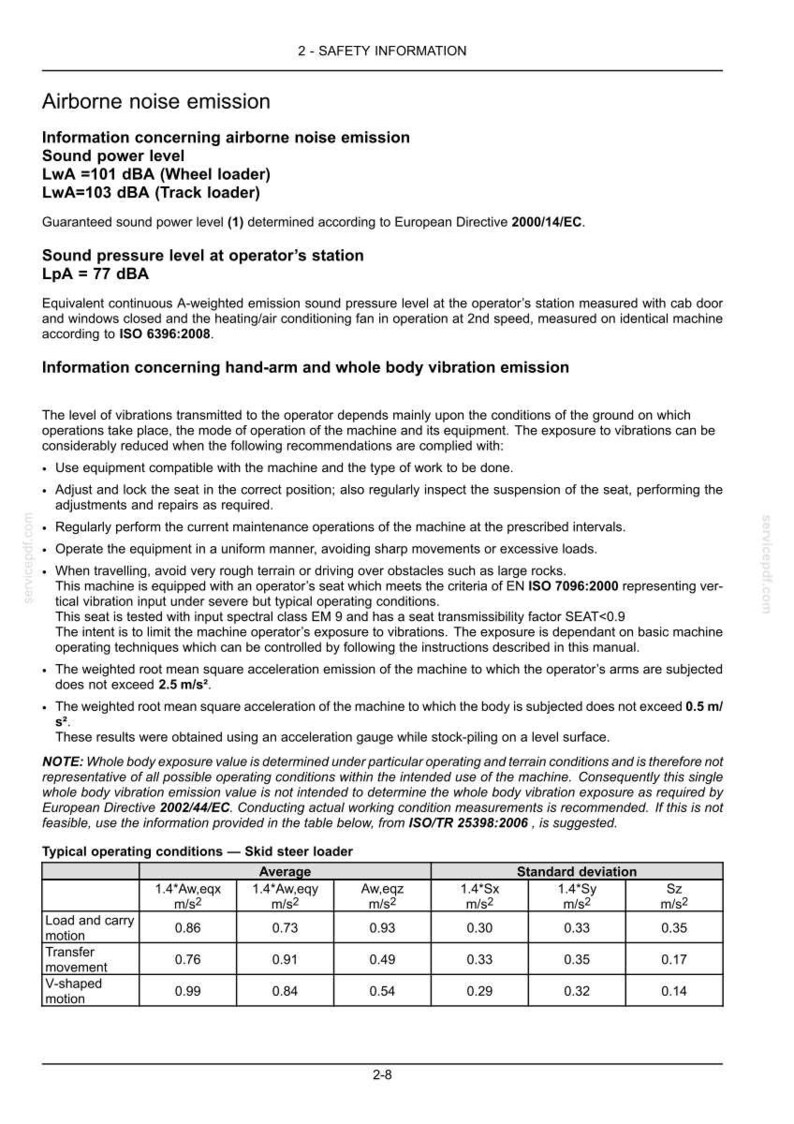 May include: A technical document page titled 2-SAFETY INFORMATION detailing airborne noise emission levels for wheel and track loaders, operator station sound pressure, and hand-arm and whole body vibration emission data for skid steer loaders.