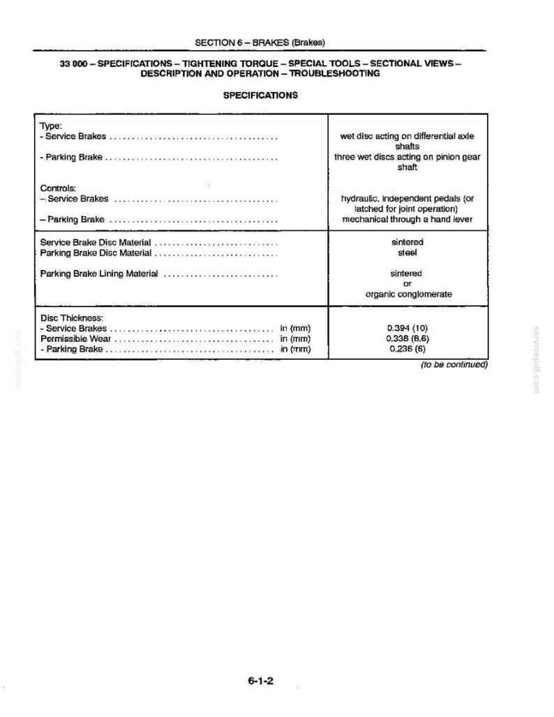 Op de afbeelding: Technisch diagram getiteld "SECTION 6 - REMMEN (Remmen)" met specificaties voor bedrijfs- en parkeerremmen. Bevat schijfdikte metingen in mm en materiaaldetails.