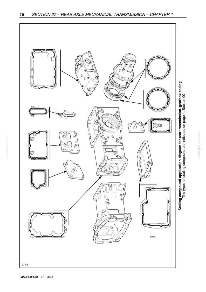 May include: Diagram of rear axle mechanical transmission components, including a gearbox casing and various sealing compound applications. The image includes text indicating the section number and chapter.