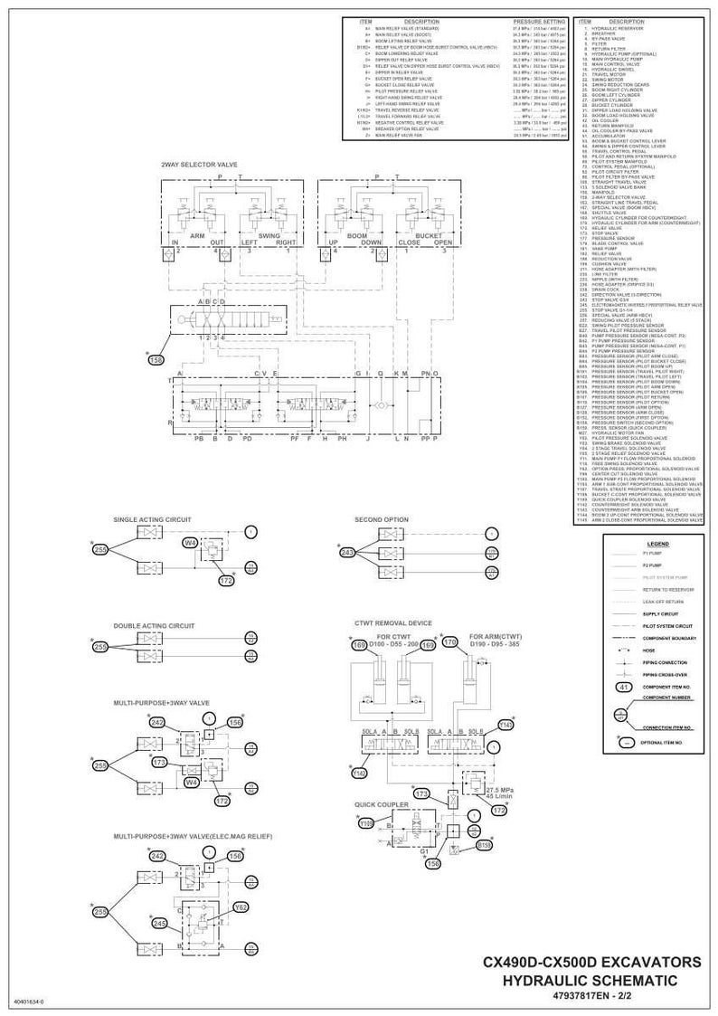 May include: A detailed hydraulic schematic for CX490D-CX500D excavators, featuring diagrams of valves, circuits, and connections. The black and white technical drawing includes labels, pressure settings, and a legend for easy reference. The schematic is labeled "47937817EN - 2/2".