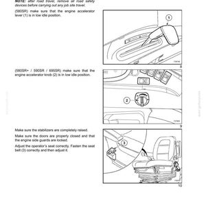 May include: Diagram of a machine's interior with labels and instructions. The image includes close-ups of the engine accelerator lever, knob, and seat belt, with accompanying text. The text provides safety instructions for job site travel.