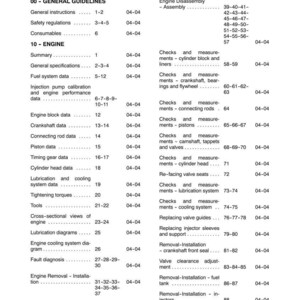 May include: A page from a manual titled "CONTENTS VOLUME 1" with a list of topics related to engine maintenance and repair. The text is black on a white background, with dates and page numbers. Topics include general guidelines, engine specifications, and engine disassembly.