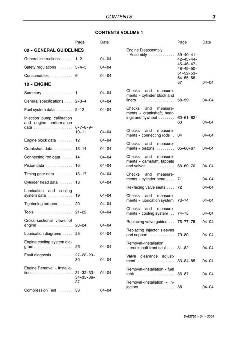 May include: A page from a manual titled "CONTENTS VOLUME 1" with a list of topics related to engine maintenance and repair. The text is black on a white background, with dates and page numbers. Topics include general guidelines, engine specifications, and engine disassembly.