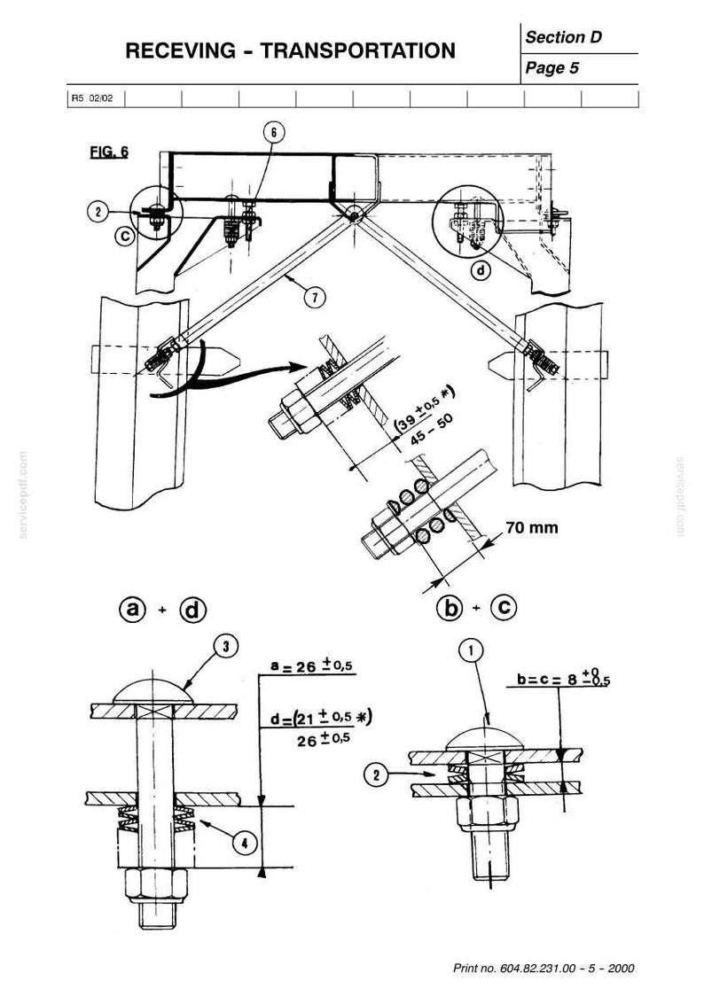 May include: Technical diagram with the title "RECEVING - TRANSPORTATION" and the text "Section D Page 5". The diagram includes various mechanical components, measurements, and labels. Dimensions are provided in millimeters.