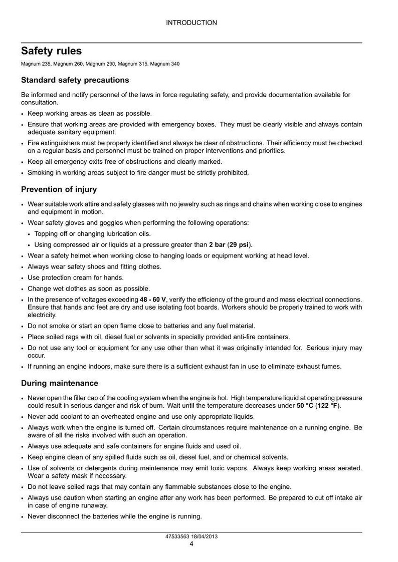 May include: A page of safety rules for Magnum engines, including precautions and injury prevention guidelines. Text is black on a white background, with headings and bullet points for clarity. Includes warnings about high voltage and flammable materials.