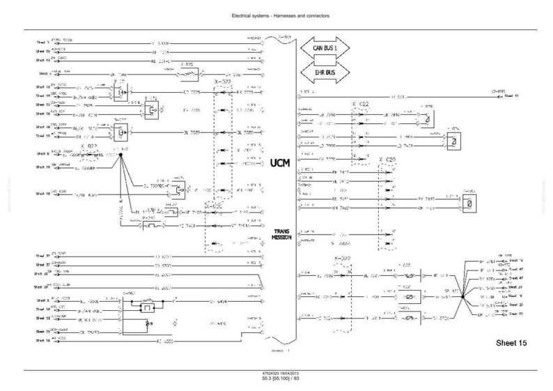 May include: Diagram of an electrical system, featuring harnesses and connectors. The schematic includes labels such as "CAN BUS 1", "EHR BUS", and "UCM". The diagram is labeled "Sheet 15" and includes technical data at the bottom.