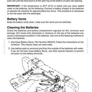May include: Diagram of an electrical system, including battery fluid level instructions, battery vent maintenance, and cleaning procedures. The image shows a detailed schematic of the battery compartment and related components.
