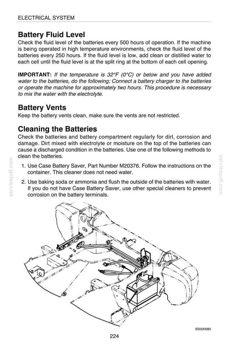 May include: Diagram of an electrical system, including battery fluid level instructions, battery vent maintenance, and cleaning procedures. The image shows a detailed schematic of the battery compartment and related components.