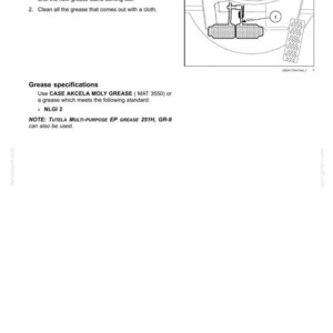 May include: Diagram illustrating brake pedal lever greasing. The text details the process of applying new grease and cleaning excess. Specifications mention CASE AKCELA MOLY GREASE or a grease meeting NLGI 2 standard.