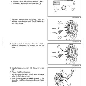 May include: Diagram of a rear axle system with instructions for checking differential gears. Includes illustrations of tools, gears, and a torque wrench. Measurements are in inches and foot-pounds.