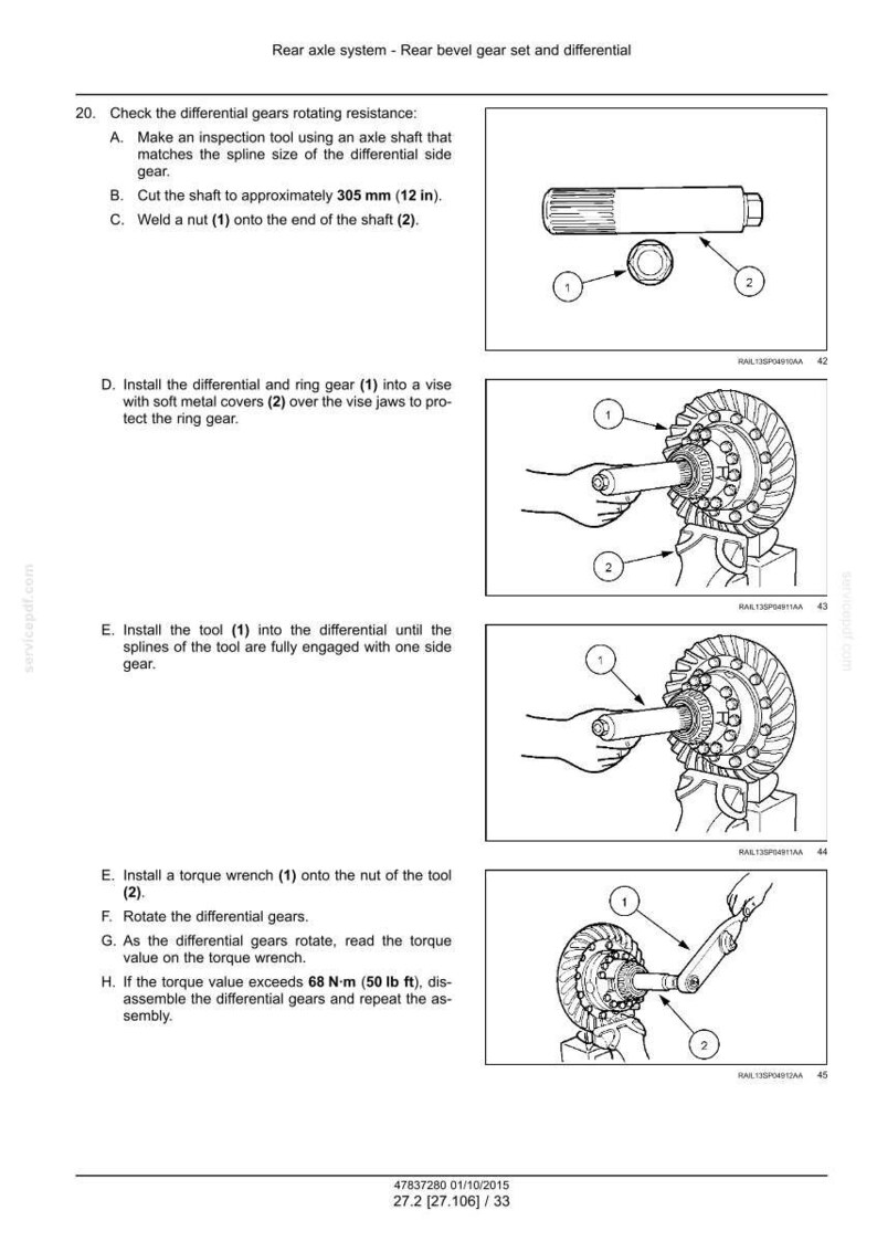 May include: Diagram of a rear axle system with instructions for checking differential gears. Includes illustrations of tools, gears, and a torque wrench. Measurements are in inches and foot-pounds.