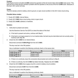 May include: A white document with black text detailing electrical system fault codes, specifically the ACV driver fault (etc). Includes troubleshooting steps, connector diagrams, and multimeter checks for automotive repair.