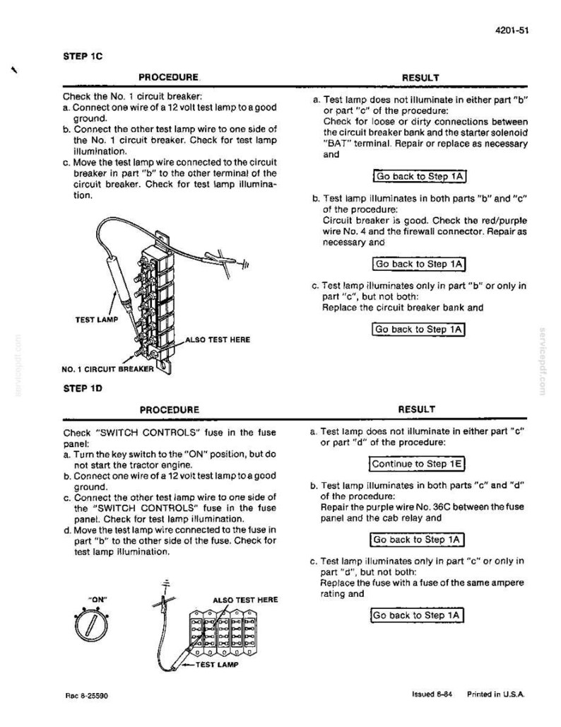 May include: A black and white diagram from a manual detailing electrical testing procedures. The image includes text, diagrams of electrical components, and instructions for troubleshooting. The text includes "TEST LAMP" and "SWITCH CONTROLS".