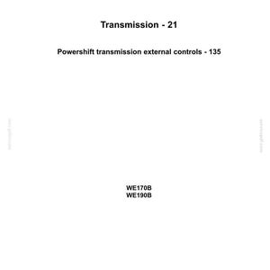Op de afbeelding: Een wit document met het "NEW HOLLAND CONSTRUCTION" logo. De tekst luidt "Transmission - 21" en "Powershift transmission external controls - 135". Modelnummers WE170B en WE190B zijn ook zichtbaar.