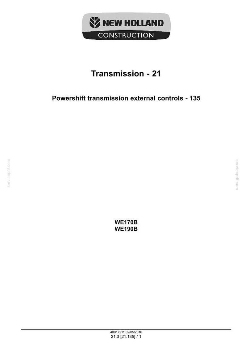Op de afbeelding: Een wit document met het "NEW HOLLAND CONSTRUCTION" logo. De tekst luidt "Transmission - 21" en "Powershift transmission external controls - 135". Modelnummers WE170B en WE190B zijn ook zichtbaar.