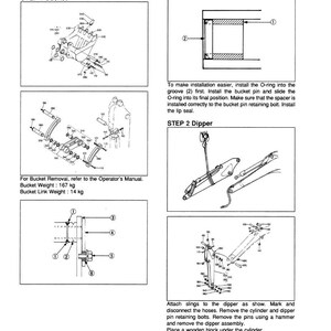 May include: Diagrams and instructions for the removal and installation of heavy machinery components. Includes diagrams of a bucket and dipper, with weight specifications in kilograms. Text includes instructions and part labels.