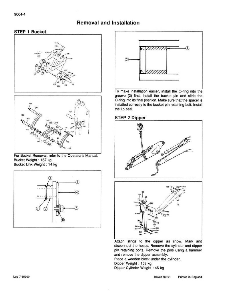 May include: Diagrams and instructions for the removal and installation of heavy machinery components. Includes diagrams of a bucket and dipper, with weight specifications in kilograms. Text includes instructions and part labels.