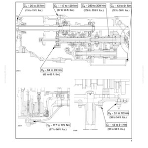 May include: A technical diagram titled SECTION 21 - TRANSMISSIONS - CHAPTER 1 TORQUE SETTINGS. It displays black and white line drawings of transmission components with arrows pointing to specific bolts, labeled C1 through C8 with torque values in Nm and ft. lbs.