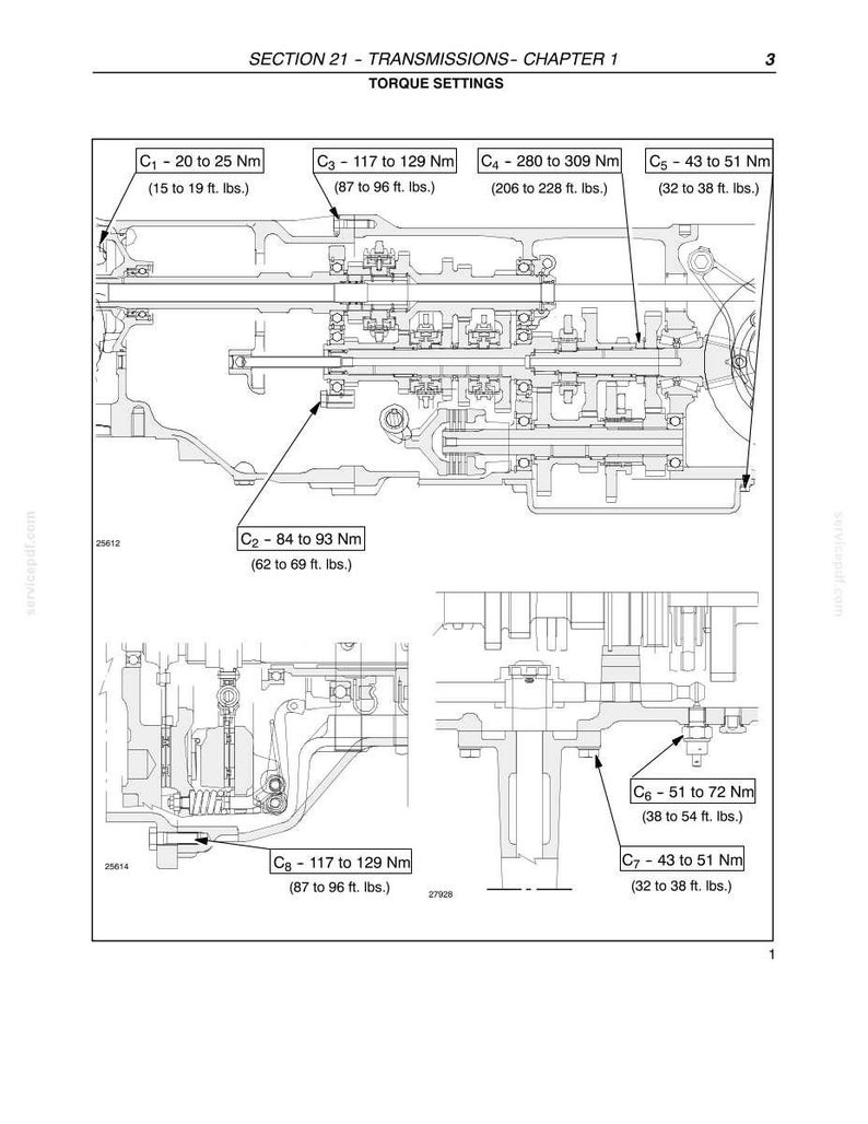 May include: A technical diagram titled SECTION 21 - TRANSMISSIONS - CHAPTER 1 TORQUE SETTINGS. It displays black and white line drawings of transmission components with arrows pointing to specific bolts, labeled C1 through C8 with torque values in Nm and ft. lbs.