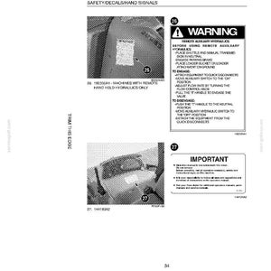 K&ouml;nnte beinhalten: Eine Seite aus einem Handbuch mit Sicherheitshinweisen. Der obere Abschnitt enth&auml;lt eine Warnung vor ferngesteuerter Zusatzhydraulik mit Anweisungen. Der untere Abschnitt enth&auml;lt einen wichtigen Hinweis. Die Seite ist wei&szlig; mit schwarzem Text und Diagrammen.
