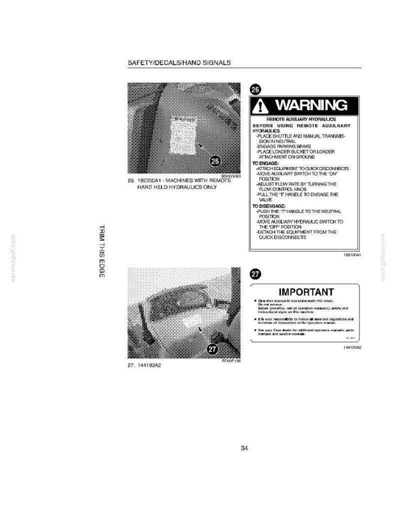 K&ouml;nnte beinhalten: Eine Seite aus einem Handbuch mit Sicherheitshinweisen. Der obere Abschnitt enth&auml;lt eine Warnung vor ferngesteuerter Zusatzhydraulik mit Anweisungen. Der untere Abschnitt enth&auml;lt einen wichtigen Hinweis. Die Seite ist wei&szlig; mit schwarzem Text und Diagrammen.