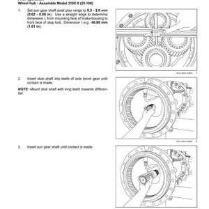 Op de afbeelding: Diagram van wielnaafinstallatie, Model 3105 II, met instructies. Bevat illustraties van tandwielassemblage, metingen in mm en tekst met details over het proces voor autoreparatie en -onderhoud.